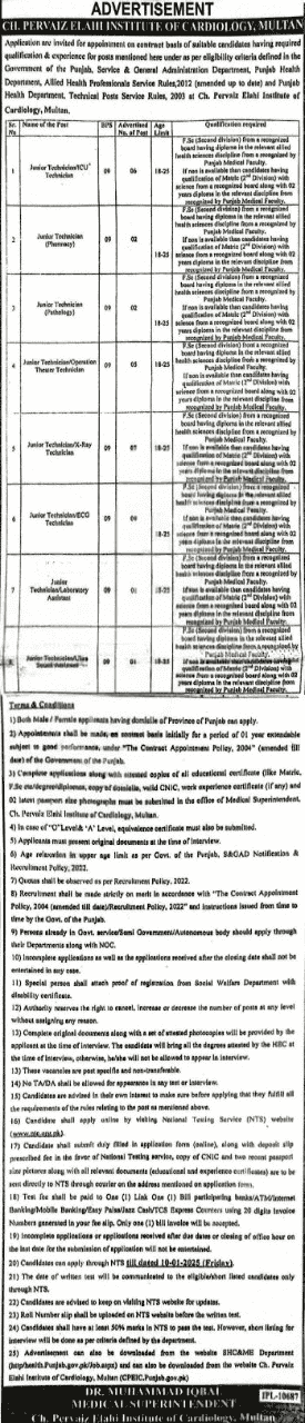 Chaudhry Pervaiz Elahi Institute of Cardiology Multan Jobs