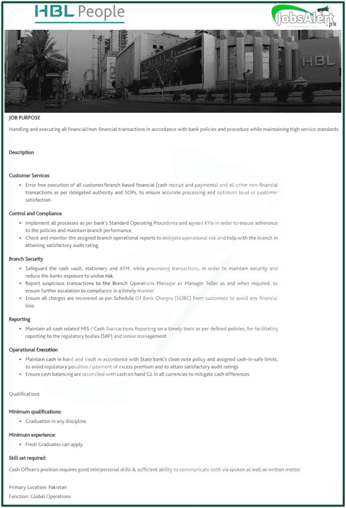 HBL Cash Officer Jobs 2025 Habib Bank HBL Jobs Latest Advertisement Govt Jobs In Karachi