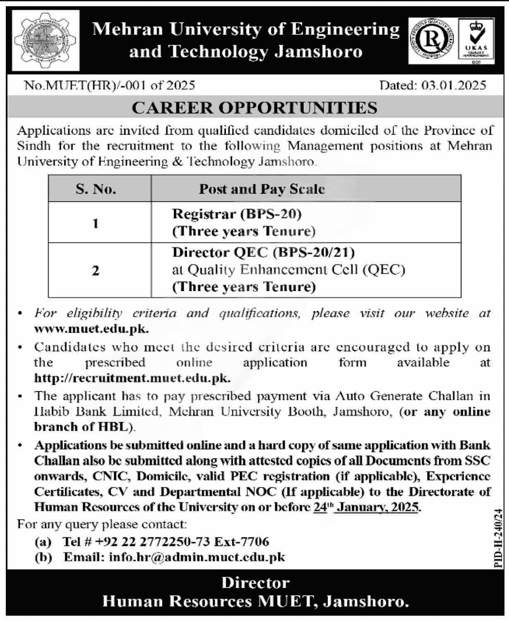 MUET Jamshoro Jobs 2025 Mehran University of Engineering & Technology