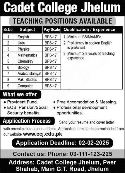 Cadet College Jhelum Jobs