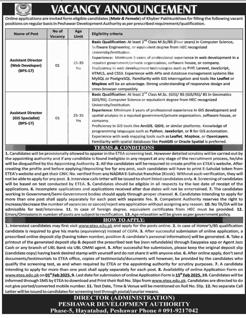 Peshawar Development Authority Jobs 2025
