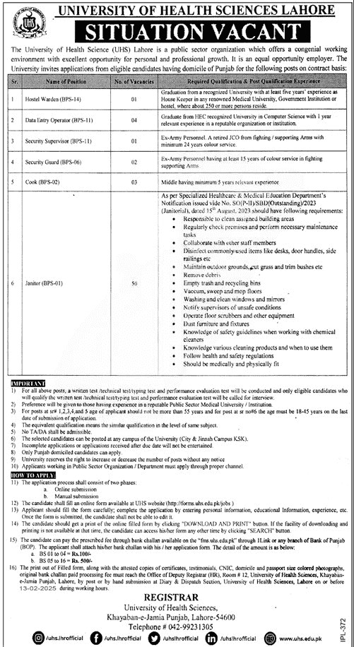 University of Health Sciences Lahore Jobs
