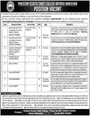 Pakistan Scouts Cadet College Batrasi Jobs 2025 Teaching Staff