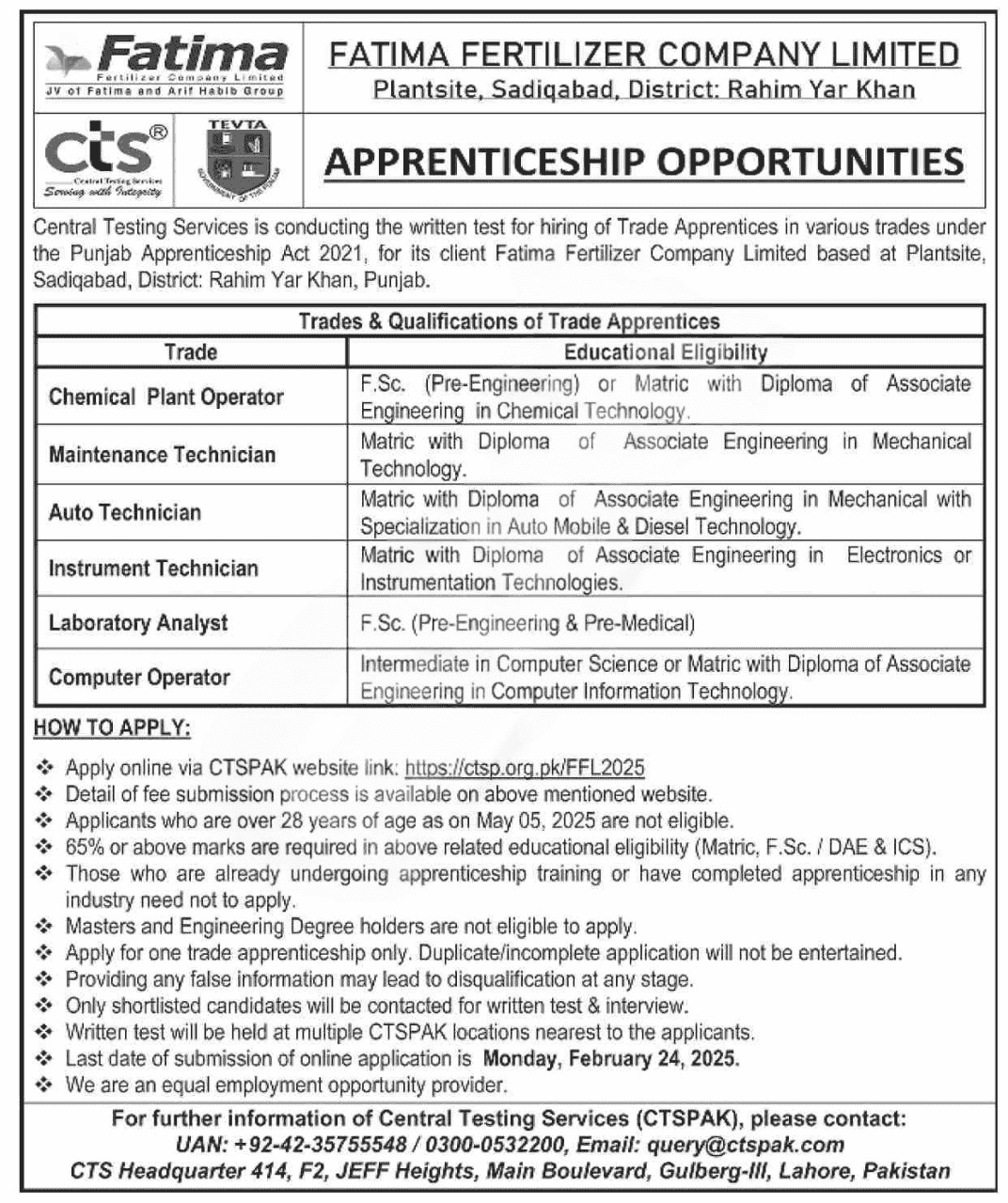 Fatima Fertilizer Apprenticeship 2025 CTSPAK Apply Online Download Sample Paper