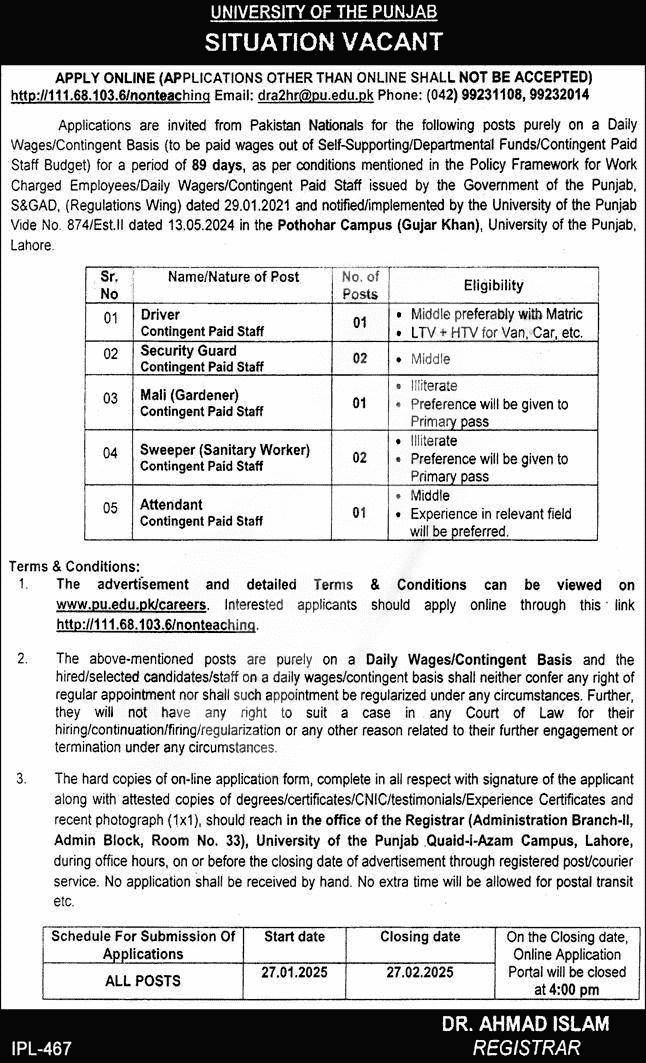 Non-Teaching Staff Punjab University Careers 2025 Male & Female Latest