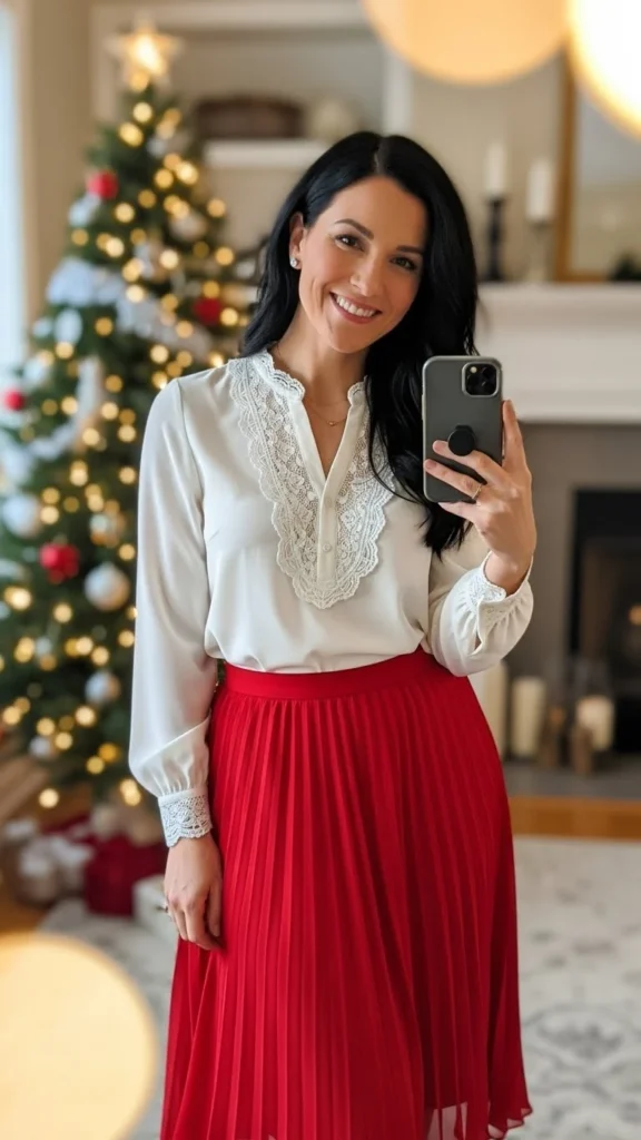 Red Skirt with White Blouse