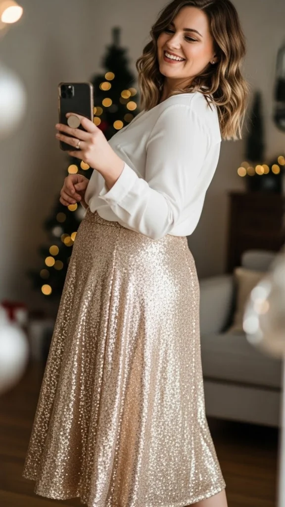 Gold Sequin Skirt with White Blouse